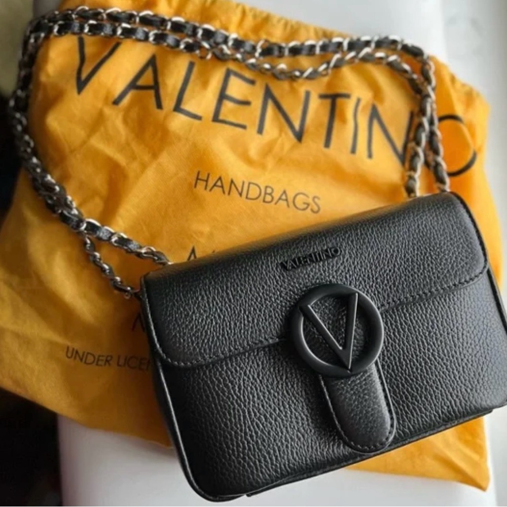 Mario Valentino Black Pebbled Leather Shoulder Bag with Chain Strap